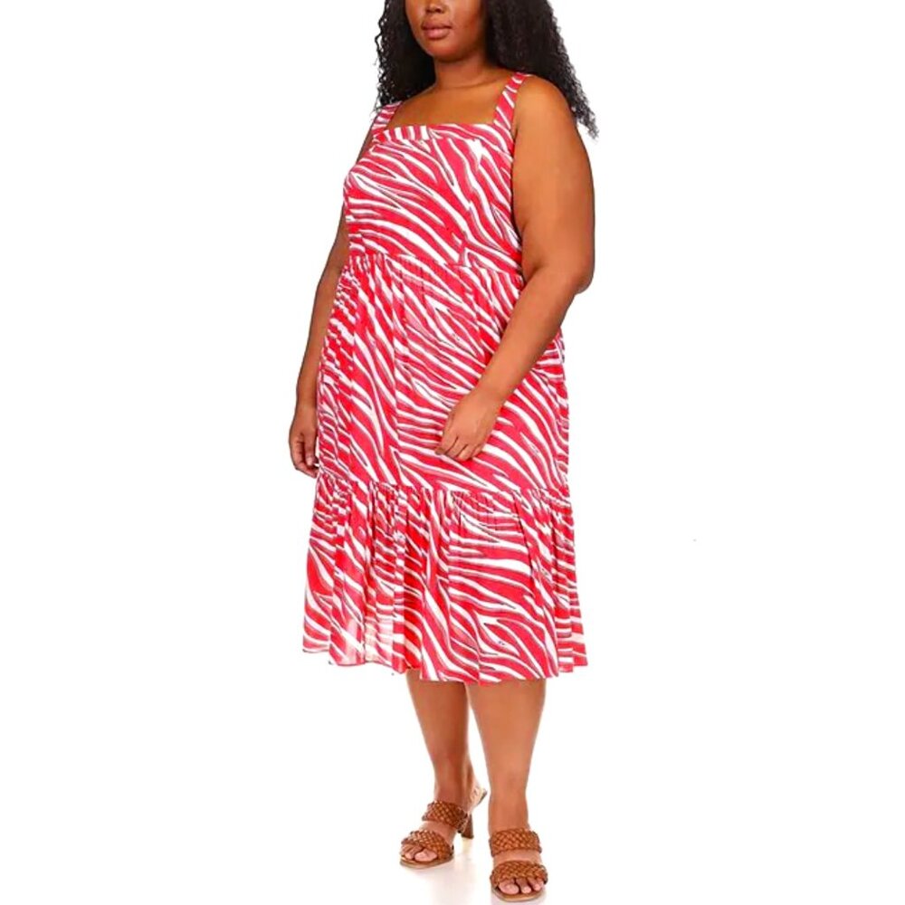 MICHAEL KORS Red White A-Line Square Neck Zebra Midi Dress Size 1X NWT